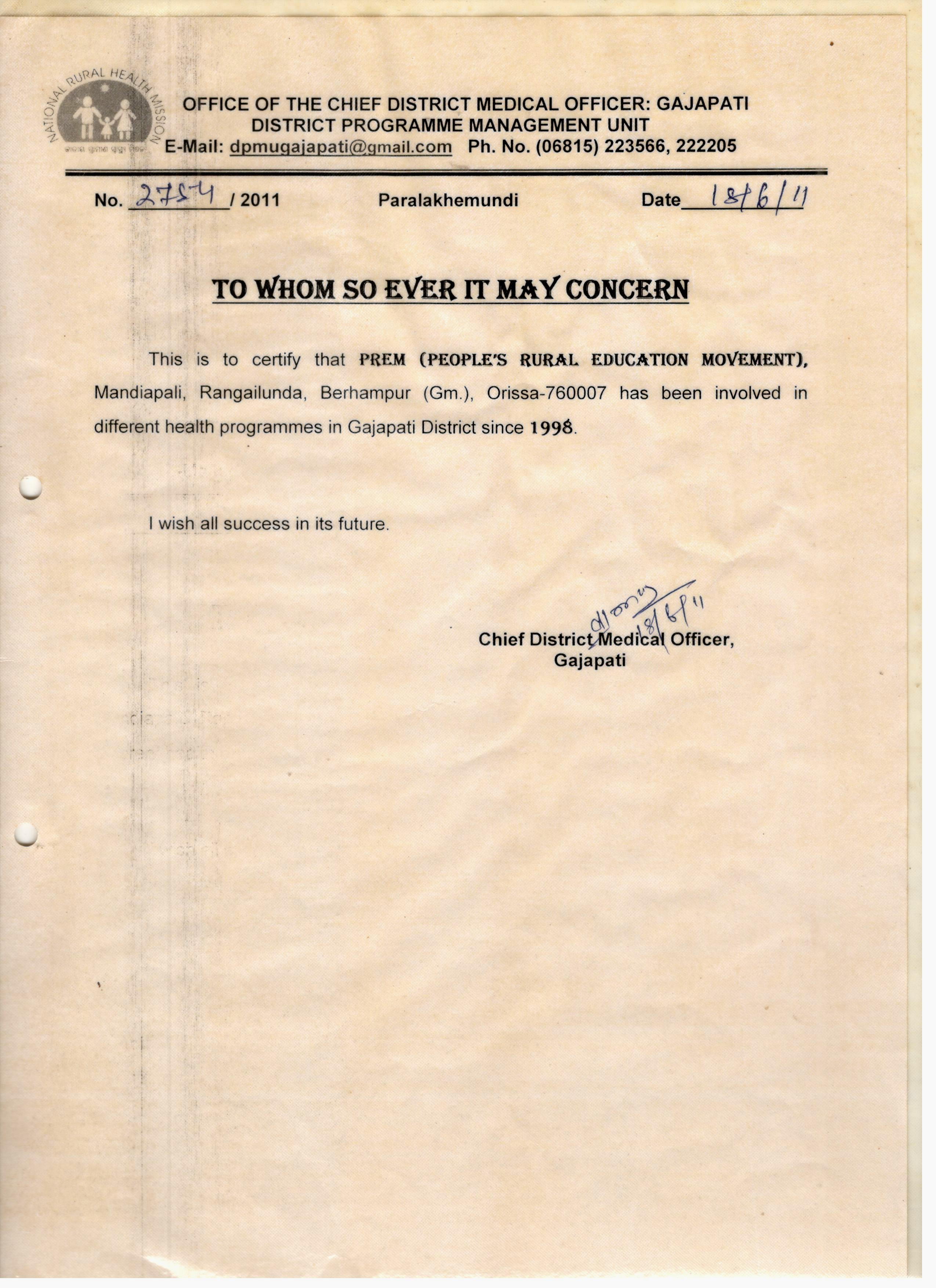 Appreciation letter from Chief District Medical Officer, Gajapati for PREM’s outstanding work in the field of health in the Gajapati District
